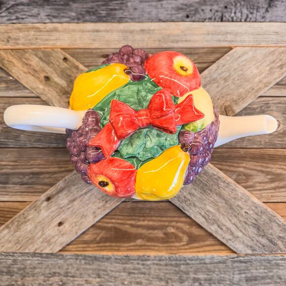 1992 Vintage Fitz and Floyd Omnibus Fruit Basket Tea Pot w/ Red Bow - Picture 8 of 10